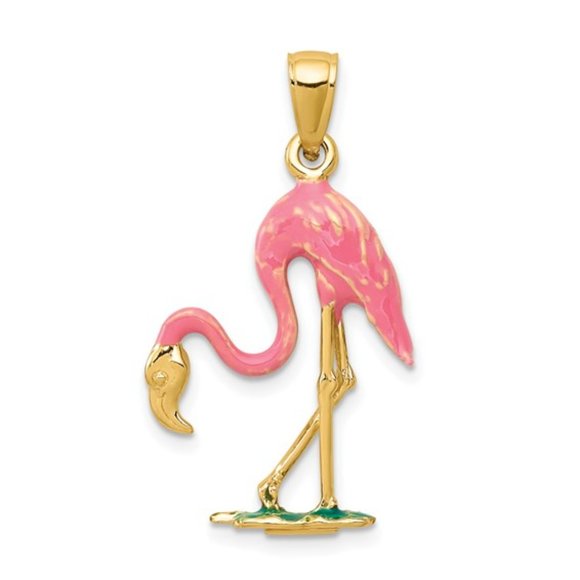 10k Gold Pink Enamel 3-D Large Flamingo Ch…